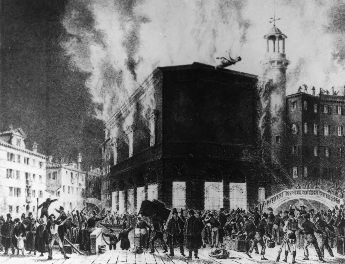 Venedig-Brand-des-Teatro-La-Fenice-Venedig-Italien-Teatro-La-Fenice-1790-91-erbaut-von-Giovanni-Antonio-Selva-Incendio-del-Gran-Teatro-la-Fenice-in-Venezia-Brand-des-Teatro-La-Fe-nice-am-Morgen-des-13-Dezember-1836-Lithographie-zeitgenoessisch-von-Gio-vanni-Fundor