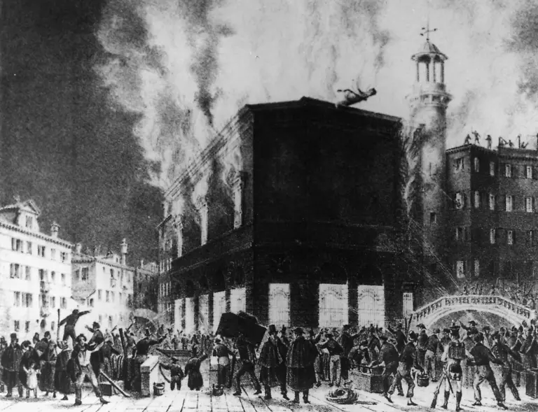 Venedig-Brand-des-Teatro-La-Fenice-Venedig-Italien-Teatro-La-Fenice-1790-91-erbaut-von-Giovanni-Antonio-Selva-Incendio-del-Gran-Teatro-la-Fenice-in-Venezia-Brand-des-Teatro-La-Fe-nice-am-Morgen-des-13-Dezember-1836-Lithographie-zeitgenoessisch-von-Gio-vanni-Fundor