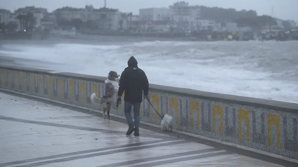 Ein-Mann-geht-bei-stuermischem-Wetter-mit-seinem-Hund-spazieren-Ein-schwerer-Sturm-der-als-Zyklon-Harry-bezeichnet-wird-erreicht-die-ionische-Kueste-in-Catanzaro-Lido