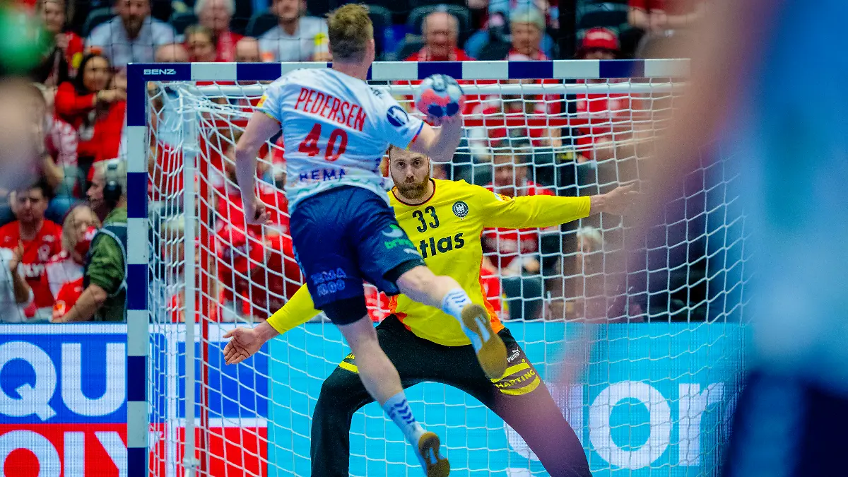 Herning-Denmark-20260124-August-Pedersen-against-Germany-s-goalkeeper-Andreas-Wolff-during-the-European-Championship-handball-match-between-Germany-and-Norway-at-the-Boxen-arena-in-Herning