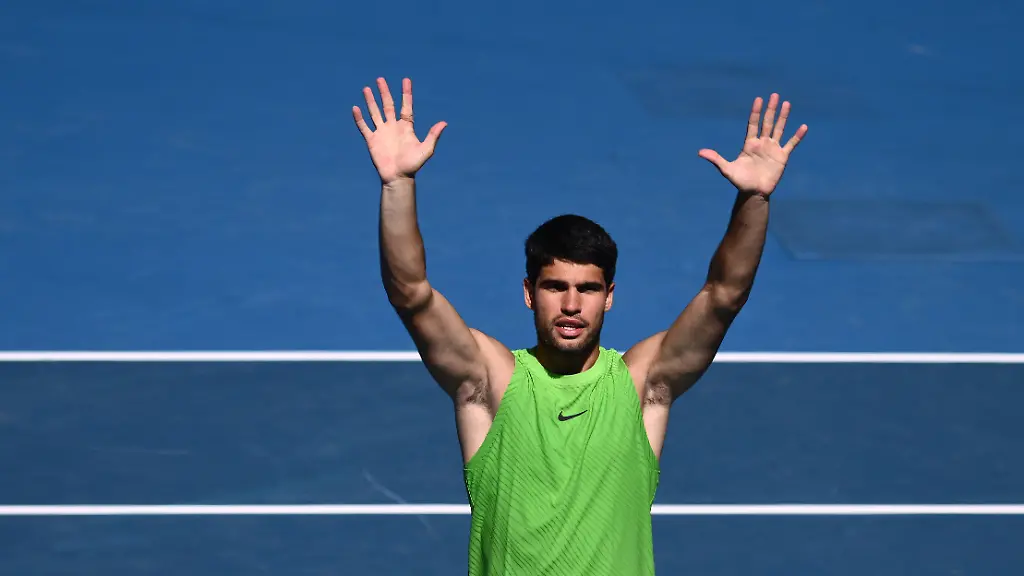 TENNIS-AUSTRALIAN-OPEN-Carlos-Alcaraz-of-Spain-celebrates-winning-the-Mens-4th-round-match-against-Tommy-Paul-of-USA-on-day-8-of-the-2026-Australian-Open-tennis-tournament-at-Melbourne-Park-in-Melbourne-Sunday-January-25-2026