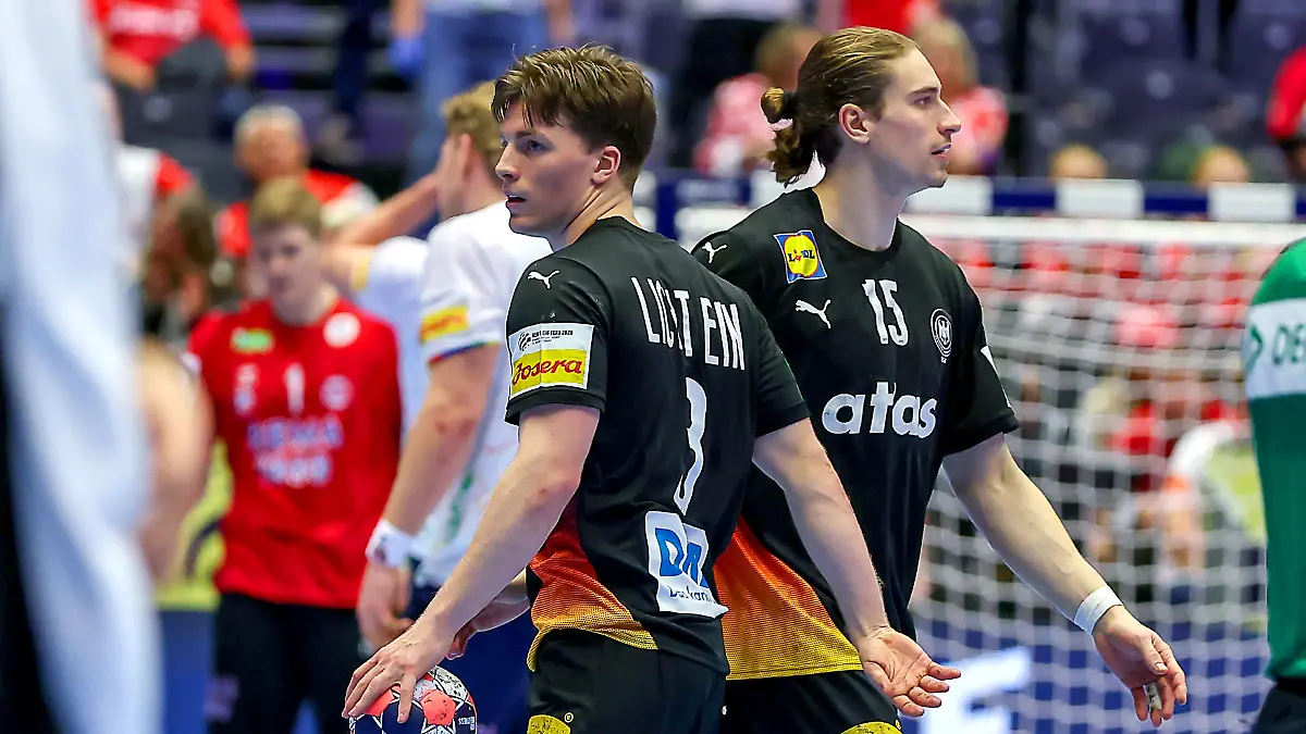 24-01-2026-Handball-Men-s-EHF-EURO-2026-Deutschland-Norwegen-Jyske-Bank-Boxen-in-Herning-Daenemark-Main-Round-Glueckliche-Gesichter-nach-dem-SIeg-gegen-Norwegen