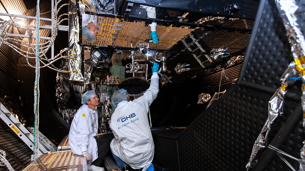 HANDOUT-Das-undatierte-Handout-Foto-zeigt-Mitarbeiter-des-Bremer-Satellitenbauers-OHB-die-am-Produktionsstandort-in-Ottobrunn-in-der-Naehe-von-Muenchen-Bayern-die-Funktionsfaehigkeit-eines-Telekommunikationssatelliten-ueberpruefen-ACHTUNG-Nur-zur-redaktionellen-Verwendung-im-Zusammenhang-mit-der-aktuellen-Berichterstattung-und-nur-bei-Nennung-Foto-OHB-dpa-zu-dpa-Unfassbar-nervoes-Premiere-fuer-deutsche-Satellitenplattform-vom-23-01