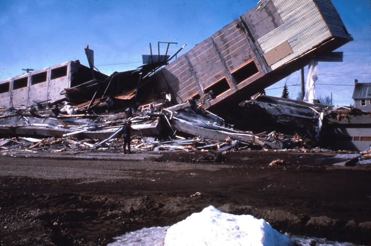 HANDOUT-Alaska-Earthquake-March-27-1964-The-Four-Seasons-Apartments-in-Anchorage-was-a-six-story-lift-slab-reinforced-concrete-building-which-cracked-to-the-ground-during-the-earthquake-The-building-was-under-construction-but-structurally-completed-at-the-time-of-the-earthquake-The-main-shear-resistant-structural-elements-of-the-building-a-poured-in-place-reinforced-concrete-stairwell-and-a-combined-elevator-core-and-stairwell-fractured-at-the-first-floor-toppled-over-and-came-to-rest-on-top-of-the-ruble-of-all-six-floors-and-the-roof-1964-Photo-U-S