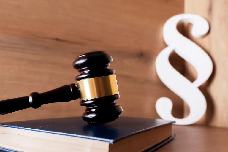 Ein-Richterhammer-liegt-auf-einem-Buch-im-Hintergrund-ist-ein-Paragraphenzeichen-zu-sehen