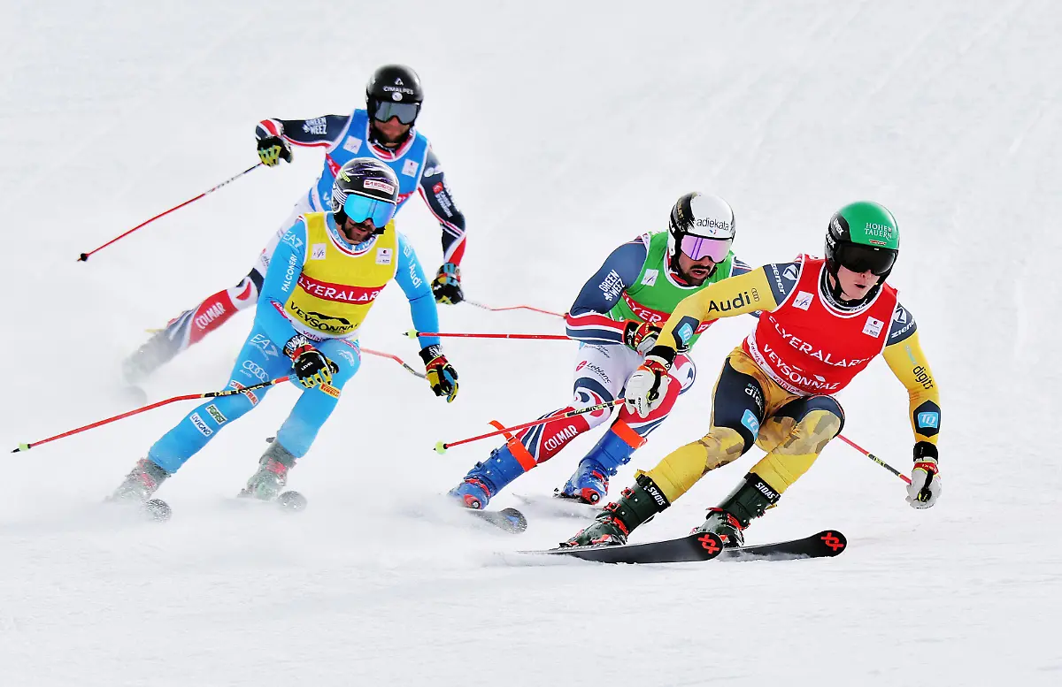 SKI-CROSS-FIS-SX-WC-Veysonnaz-VEYSONNAZ-SWITZERLAND-24-JAN-26-SKI-CROSS-FIS-World-Cup-Ski-Cross-ladies-men-Image-shows-Edoardo-Zorzi-ITA-Terence-Tchiknavorian-FRA-Evan-Klufts-FRA-and-Florian-Wilmsmann-GER