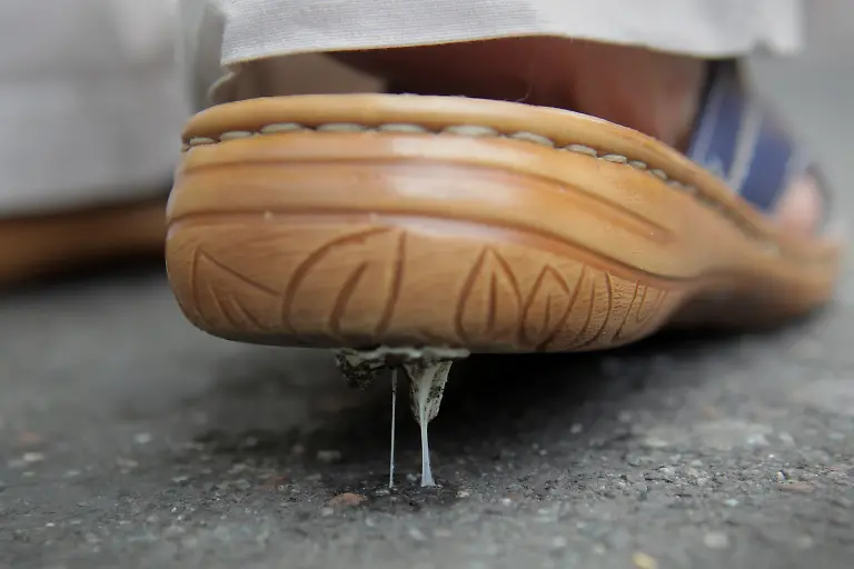 ARCHIV-ILLUSTRATION-Eine-Frau-ist-am-26-08-2009-in-Mainz-in-einen-Kaugummi-getreten-Die-Staedte-von-Hessen-und-Rheinland-Pfalz-leiden-unter-einem-im-wahrsten-Sinne-unloesbaren-Problem-Millionen-breit-und-festgetretener-Kaugummis-verschandeln-die-Gehwege-aergern-Passanten-und-kosten-die-Stadtreiniger-Millionen-Die-klebrigen-Reste-sind-nur-unter-grossem-Aufwand-zu-entfernen-ergab-eine-dpa-Umfrage-Foto-Fredrik-von-Erichsen-dpa-lrs-lhe-zu-lhe-lrs-Umfrage-vom-30-08