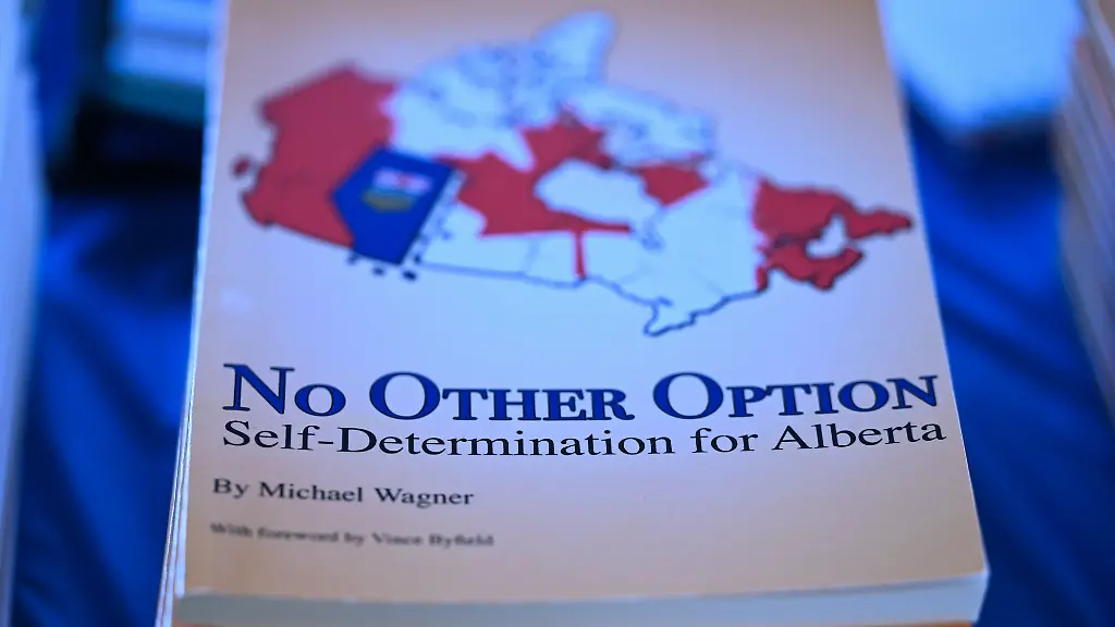 SHERWOOD-PARK-CANADA-MARCH-18-The-book-No-Other-Option-Self-Determination-for-Alberta-by-Michael-Wagner-on-display-during-the-Help-Us-Make-Sovereignty-for-Alberta-Happen-event-organized-by-the-Alberta-Prosperity-Project-in-Sherwood-Park-Strathcona-County-Alberta-Canada-on-March-16-2025