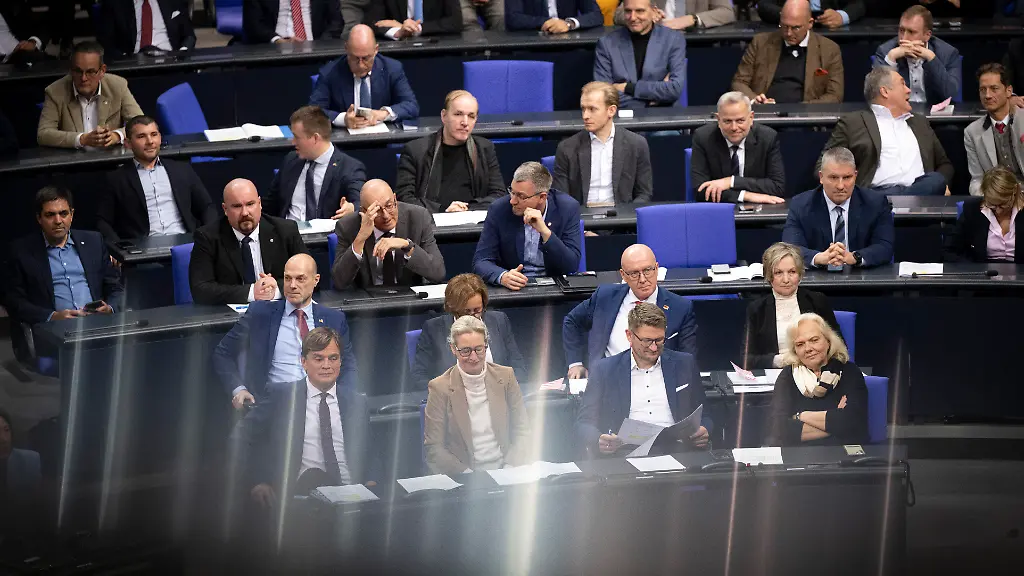 DEU-Deutschland-Germany-Berlin-05-12-2025-Fraktion-der-AfD-Alternative-fuer-Deutschland-mit-Bernd-Baumann-erster-parlamentarischer-Geschaeftsfuehrer-der-AfD-Fraktion-und-Alice-Weidel-co-Vorsitzende-der-AfD-Alternative-fuer-Deutschland-waehrend-der-Debatte-zum-Rentenpaket-der-21-Legislaturperiode-mit-namentlicher-Abstimmung-im-Plenarsaal-Deutscher-Bundestag-in-Berlin-Deutschland-Die-Junge-Gruppe-der-CDU-CSU-Fraktion-drohte-mit-Ablehnung-des-Paketes-was-zu-einer-Krise-der-Koalition-fuehrte-en-The-AfD-Alternative-for-Germany-parliamentary-group-with-Bernd-Baumann-first-parliamentary-manager-of-the-AfD-parliamentary-group-and-Alice-Weidel-co-chairwoman-of-the-AfD-Alternative-for-Germany-Alternative-fuer-Deutschland-during-the-debate-on-the-pension-package-of-the-21st-legislative-period-with-a-roll-call-vote-in-the-plenary-hall-of-the-German-Bundestag-in-Berlin-Germany