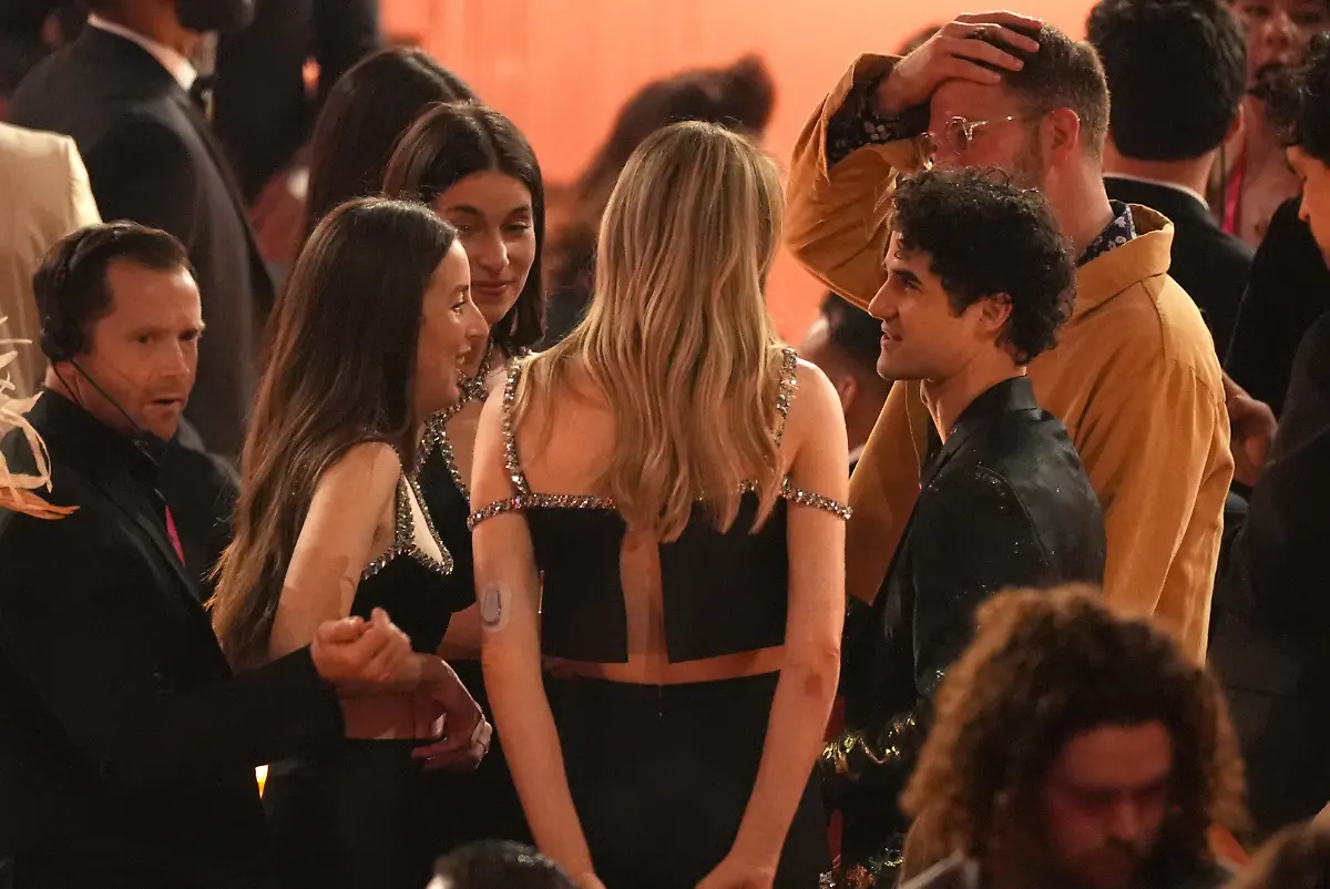 Alana-Haim-from-left-Danielle-Haim-and-Este-Haim-of-HAIM-and-Darren-Criss-seen-in-the-audience-during-the-68th-annual-Grammy-Awards-on-Sunday-Feb-1-2026-in-Los-Angeles