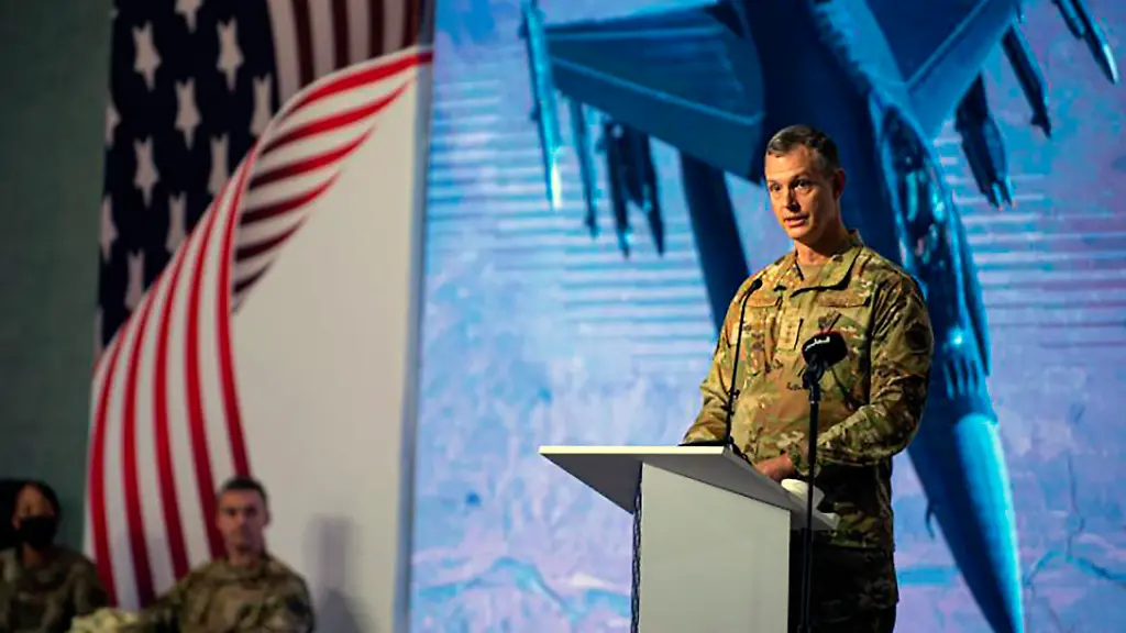 This-image-provided-by-the-U-S-Air-Force-shows-U-S-Air-Force-Lt-Gen-Alexus-G-Grynkewich-incoming-Ninth-Air-Force-Air-Forces-Central-commander-delivering-a-commemorative-speech-during-a-change-of-command-ceremony-at-al-Udeid-Air-Base-Qatar-Thursday-July-21-2022-The-top-U-S-Air-Force-general-in-the-Middle-East-has-warned-that-Iran-backed-militias-could-resume-attacks-in-the-region-against-the-United-States-and-its-allies-Lt-Gen-Grynkewich-spoke-to-journalists-before-stepping-into-his-new-role-Staff-Sgt-Draeke-Layman-U-S