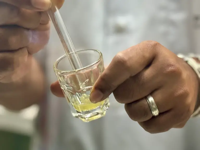 Ein-Mitarbeiter-zeigt-in-der-Snake-Farm-des-Queen-Saovabha-Memorial-Institute-QSMI-das-gelbliche-Schlangengift-das-beim-Melken-von-Schlangen-zuvor-gewonnen-wurde-Besucher-aus-aller-Welt-koennen-dabei-zuschauen-wie-die-Schlangen-gemolken-werden-Ziel-ist-die-Herstellung-von-Antiserum