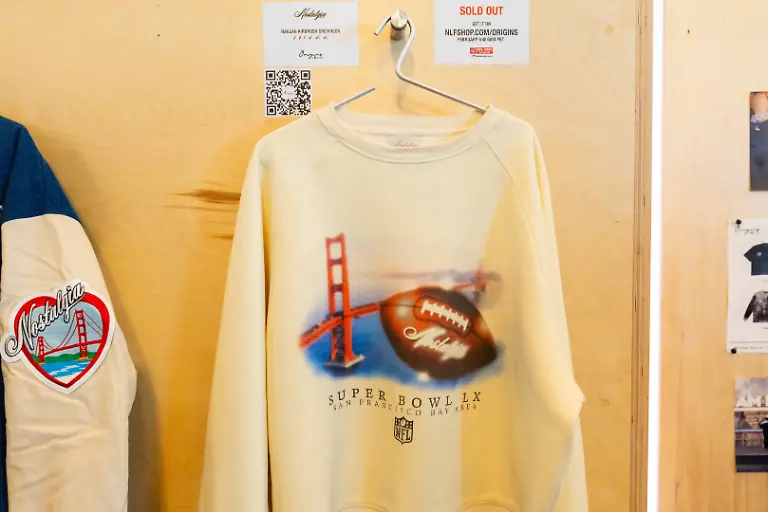 SAN-FRANCISCO-CA-FEBRUARY-05-A-view-of-a-Nostalgia-Crewneck-at-a-pop-up-shopping-event-for-the-Origins-Collection-for-Super-Bowl-LX-on-February-5-2026-at-The-Pearl-in-San-Francisco-CA
