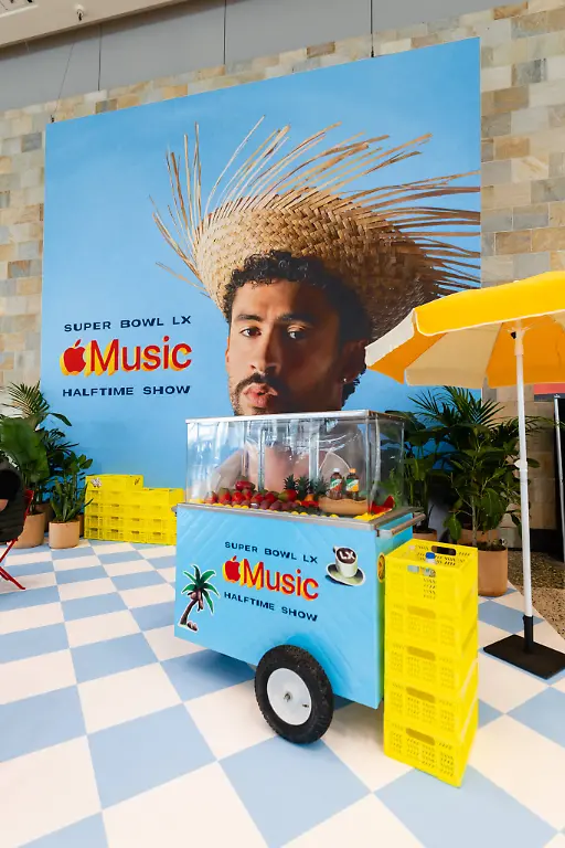 SAN-FRANCISCO-CA-FEBRUARY-04-An-area-branded-for-the-Apple-Music-Halftime-show-with-Bad-Bunny-is-seen-at-the-media-center-ahead-of-Super-Bowl-LX-on-February-4-2026-at-the-Moscone-Center-in-San-Francisco-CA