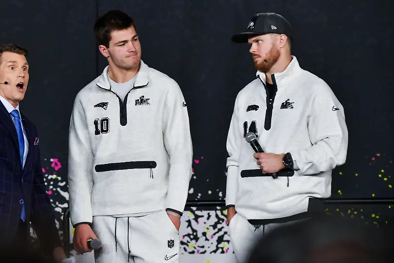 New-England-Patriots-Quarterback-10-Drake-Maye-and-Seattle-Seahawks-Quarterback-14-Sam-Darnold-speak-to-the-media-during-Super-Bowl-LX-Opening-Night-fueled-by-Gatorade-held-at-the-San-Jose-Convention-Center-in-San-Jose-California-on-February-2-2026-Super-Bowl-LX-takes-place-on-February-8-2026-between-the-New-England-Patriots-and-the-Seattle-Seahawks
