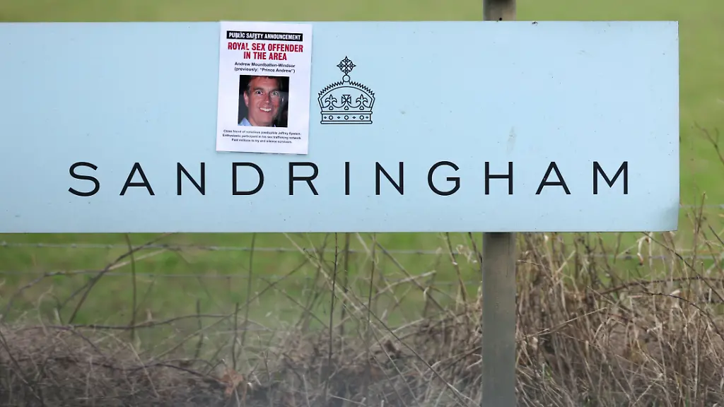 A-poster-by-campaign-group-Everyone-Hates-Elon-featuring-Andrew-Mountbatten-Windsor-formerly-known-as-Prince-Andrew-is-installed-on-a-sign-leading-to-the-parking-area-of-the-Sandringham-Estate-in-Wolferton-as-pressure-builds-on-him-to-give-evidence-after-the-U-S-Justice-Department-released-more-records-tied-to-the-late-financier-and-convicted-sex-offender-Jeffrey-Epstein-in-Norfolk-Britain-February-5-2026