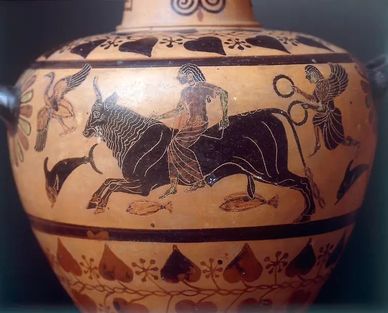 Vasenmalerei-etruskisch-schwarzfigurig-2-Haelfte-6-Jahrhundert-v-Chr-Raub-der-Europa-Zeus-entfuehrt-in-Gestalt-eines-Stiers-die-Koenigstochter-Europa-Ausschnitt-aus-einer-Hydria-Herkunft-vermutlich-Caere-Cerveteri-Rom-Museo-Nazionale-di-Villa-Giulia