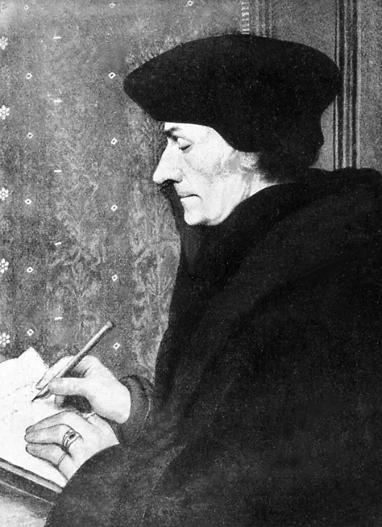 Undatiertes-Bildnis-des-niederlaendischen-Humanisten-und-Theologen-Erasmus-von-Rotterdam-1492-Priesterweihe-1495-bis-1499-Studium-an-der-Universitaet-Paris-1499-bis-1524-Aufenthalte-in-Italien-England-der-Schweiz-und-den-Niederlanden-Erasmus-veroeffentlichte-die-bedeutende-Sprichwoertersammlung-Adagia-1500-1511-die-beruehmte-Satire-Encomion-moriae-Lob-der-Torheit-1516-gab-er-die-erste-griechische-Druckausgabe-des-Neuen-Testaments-mit-Einleitung-heraus-der-1517-bis-1524-Paraphrasen-zum-gesamten-Neuen-Testament-Ausnahme-Apokalypse-des-Johannes-folgten-Diese-Ausgabe-wurde-Grundlage-von-Luthers-Bibeluebersetzung-1524-bis-1535-bemuehte-er-sichum-Abgrenzung-zur-Reformation-als-deren-Zeuge-er-gesehen-wurde-Erasmus-von-Rotterdam-wurde-am-28-Oktober-1466-1469-in-Rotterdam-geboren-und-starb-am-12-Juli-1536-in-Basel