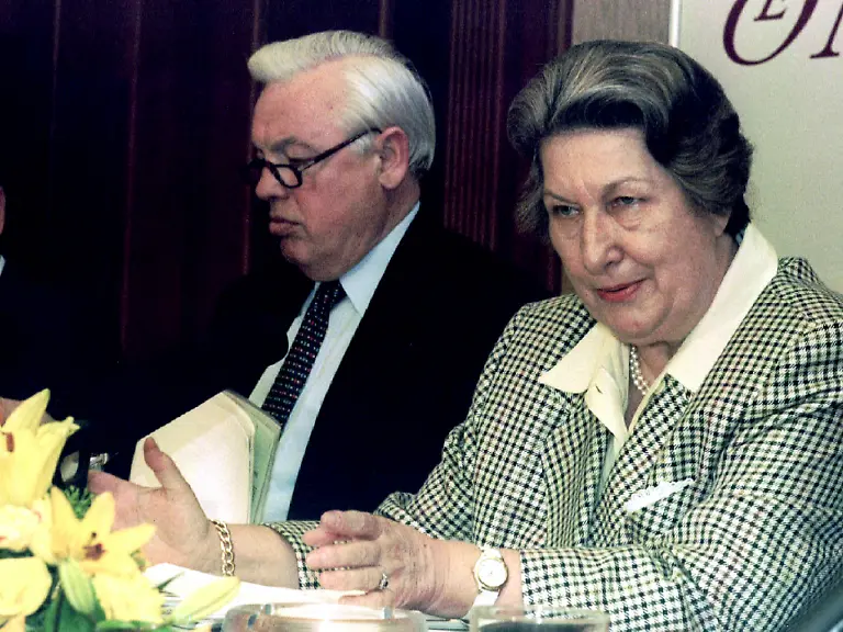 President-of-the-Austrian-central-bank-Maria-Schaumayer-R-addresss-the-media-during-a-joint-news-conference-with-general-director-Adolf-Wala-April-24-Schaumayer-who-plans-to-retire-at-the-end-of-May-said-that-net-profit-climbed-to-10-100-billion-Schillings-in-1994-from-9