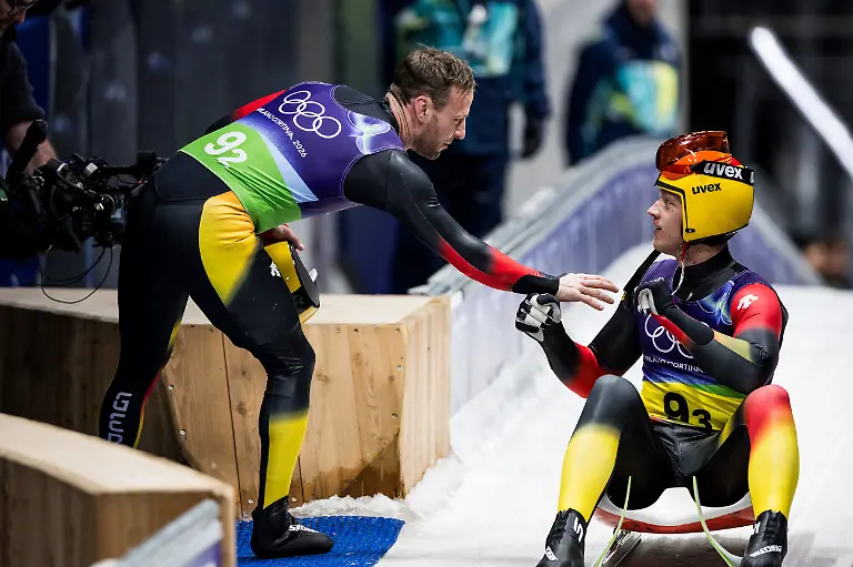 CORTINA-ITALY-FEBRUARY-12-Tobias-Wendl-Tobias-Arlt-Germany-and-Max-Langenhan-Germany-during-the-Luge-Team-Relay-at-the-Milano-Cortina-2026-Olympics-at-Cortina-Sliding-Centre-on-day-6-of-the-Milano-Cortina-2026-Olympics-on-February-12-2026-in-Cortina-Italy-Editorial-use-only