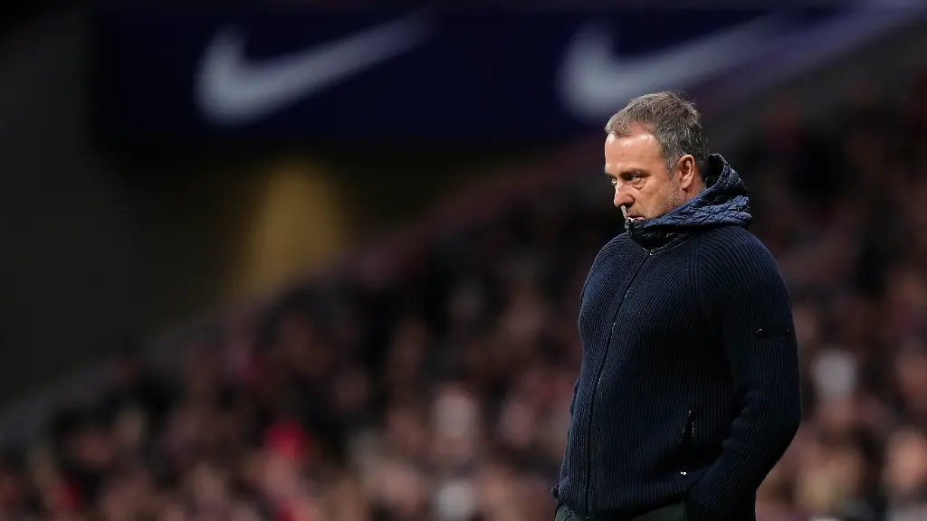 Hansi-Flick-head-coach-of-Barcelona-reacts-during-the-first-leg-of-the-Copa-del-Rey-semi-final-between-Atletico-de-Madrid-and-FC-Barcelona-at-Riyadh-Air-Metropolitano-on-February-12-2026-in-Madrid-Spain