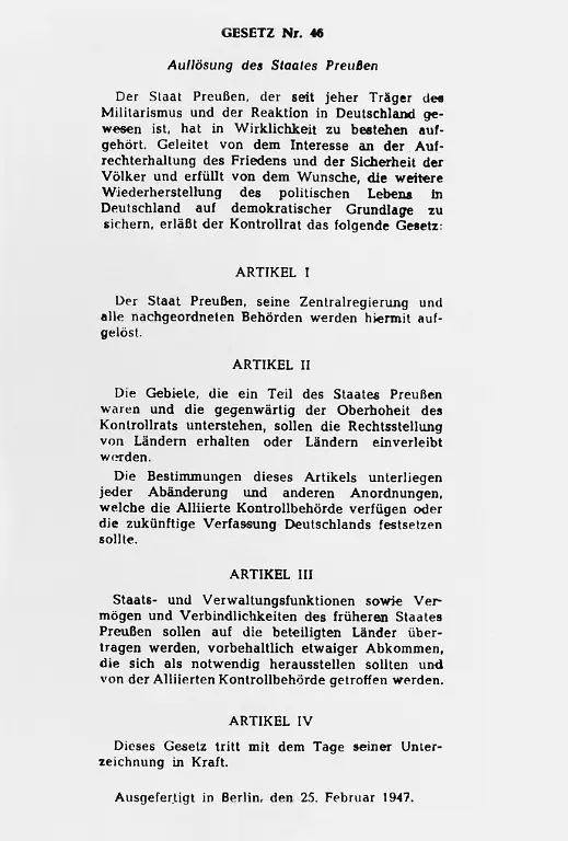 Gesetz-Aufloesung-d-preuss-Staates-1947-Deutschland-Nachkriegszeit-Der-Alliierte-Kontrollrat-beschliesst-am-25-Februar-1947-das-Gesetz-ueber-die-Aufloesung-des-preussischen-Staates-Das-Gesetz-Nr-46-im-Amtsblatt-des-Kon-trollrates-in-Deutschland-vom-31-3-1947-Aufloesung-des-Staates-Preussen-Traeger-des-Militarismus-und-der-Reaktion-in-Deutschland