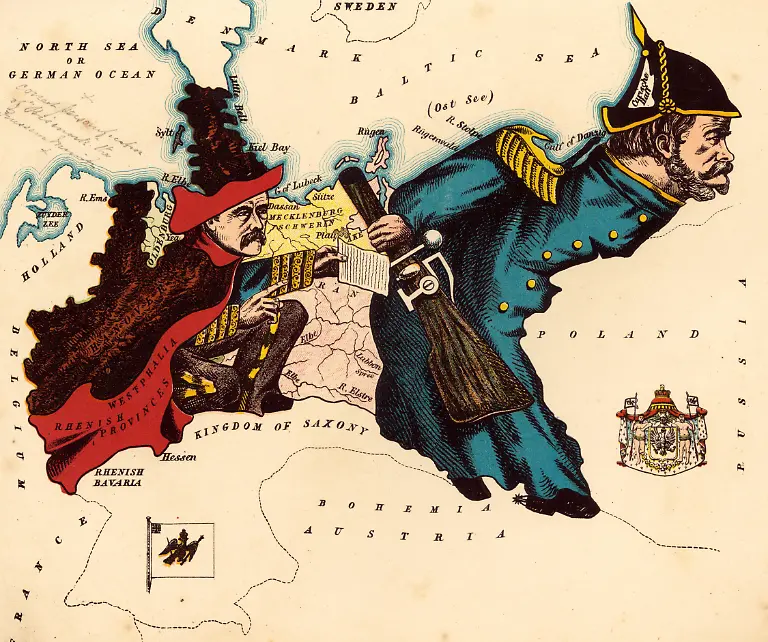 Personifizierte-Landkarte-um-1880-Preussen-dargestellt-mit-einem-preussische-Soldaten-Historisch-digital-restaurierte-Reproduktion-von-einer-Vorlage-aus-dem-19
