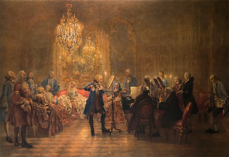 A-v-Menzel-Floetenkonzert-Friedrich-d-G-Menzel-Adolph-von-1815-1905-Floetenkonzert-Friedrichs-des-Grossen-in-Sanssouci-1850-52-Oel-auf-Leinwand-142-x-205-cm-Im-Hintergrund-Wilhelmine-von-Bayreuth-Inv-Nr-A-I-206-Berlin-SMB-Alte-Nationalgalerie-E-A-v-Menzel-Frederick-the-Great-s-Conc-Menzel-Adolph-von-1815-1905-Frederick-the-Great-s-Flute-Concert-1850-52-Oil-on-canvas-142-x-205cm-Berlin-SMB-Alte-Nationalgalerie