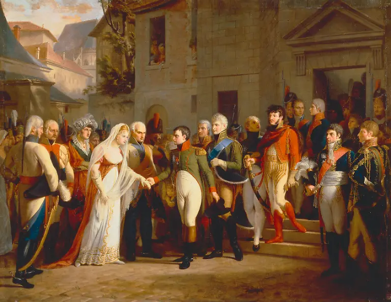 Napoleon-und-Luise-Tardieu-1808-Napoleon-I-Bonaparte-Kaiser-der-Franzosen-1769-1821-Napoleon-recoit-la-reine-Louise-de-Prusse-a-Tilsitt-6-juillet-1807-6-Juli-1807-Koenigin-Luise-von-Preussen-bittet-Napoleon-um-mildere-Friedensbe-dingungen-fuer-ihr-Land-Gemaelde-1808-von-J-Ch-Tardieu-1765-1830-Oel-Lw-112-x-152-cm-MV-1730-Versailles-Musee-du-Chateau