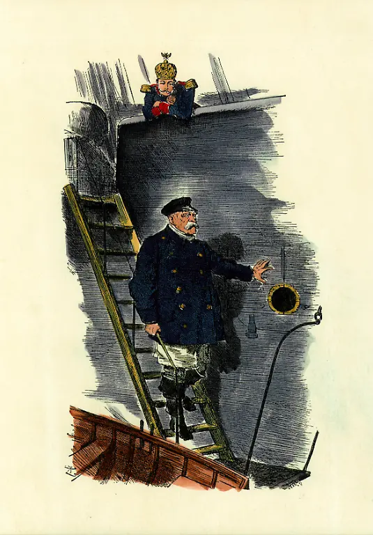 Bismarck-Der-Lotse-verlaesst-Punch-Bismarck-Otto-von-dt-Staatsmann-Reichskanzler-1871-90-1815-1898-Dropping-the-Pilot-Der-Lotse-ver-laesst-das-Schiff-Karikatur-auf-die-Entlassung-Bismarcks-durch-Kaiser-Wil-helm-II-am-22-Maerz-1890-Federlitho-nach-Zeichnung-von-John-Tenniel-1820-1914-spaetere-Kolorierung-Aus-Punch-London-29-Maerz-1890-E-Bismarck-Caricature-Bismarck-Otto-von-Statesman-Chancellor-1871-90-1815-1898-Dropping-the-Pilot-Caricature-on-Kaiser-Wilhelm-II-s-dis-missal-of-Bismarck-Lithography-after-drawing-by-John-Tenniel-1820-1914-Later-colouring-From-Punch-London-29-3-1890-F-Bismarck-Le-pilote-quitte-Punch-Bismarck-Otto-von-homme-politique-al-lemand-chancelier-1871-90-1815-1898-Dropping-the-Pilot-Le-pilote-quitte-le-navire-caricature-du-renvoi-de-Bismarck-par-l-empereur-Guillaume-II-le-22-mars-1890-Litho-a-la-plume-d-ap-un-dessin-de-John-Tenniel-1820-1914-coloriee-post-De-Punch-Londres-29-mars-1890