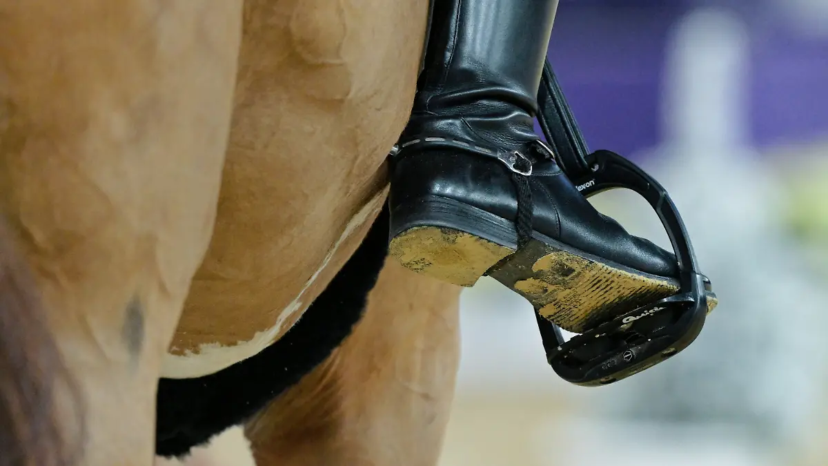 Pferdesport-Internationales-Festhallen-Reitturnier-Dressur-Festhalle-der-Frankfurter-Messe-Der-Reitstiefel-eines-Dressurreiters-mit-Spore-im-Steigbuegel-waehrend-eines-Dressurritts-In-Muenchen-wurde-nun-eine-Pruefung-abgebrochen
