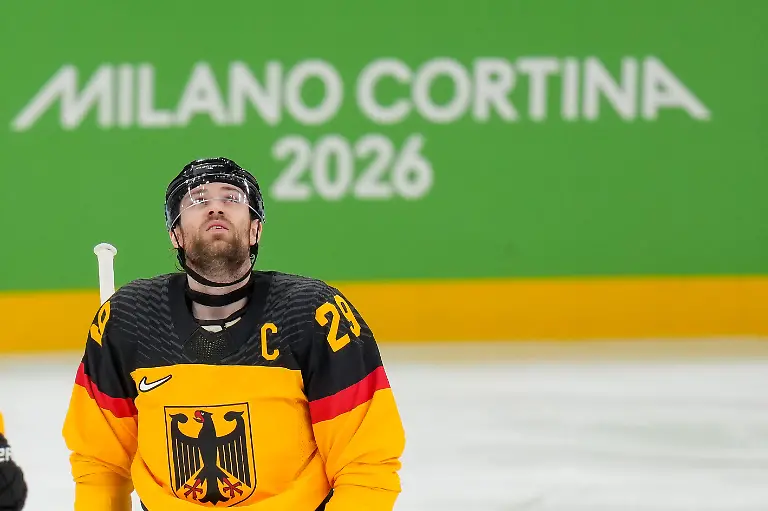 Leon-Draisaitl-Germany-looks-on-during-the-Ice-Hockey-Men-Qualification-Play-off-match-between-Germany-v-France-on-day-eleven-of-the-Milano-Cortina-2026-Winter-Olympic-games-at-Milano-Santagiulia-IHO-Ice-Hockey-Arena-on-February-17-2026-in-Milan-Italy