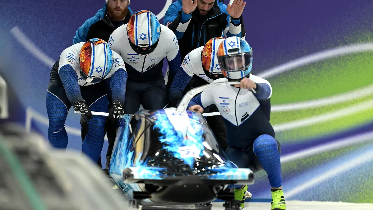 Adam-Edelman-Menachem-Chen-Uri-Zisman-and-Omer-Katz-of-team-Israel-compete-in-the-four-man-Bobsleigh-Heat-2-on-day-14-of-the-2026-Milano-Cortina-Winter-Olympic-Games-at-the-Cortina-Sliding-Center-in-Cortina-d-Ampezzo-Italy-February-21-2026