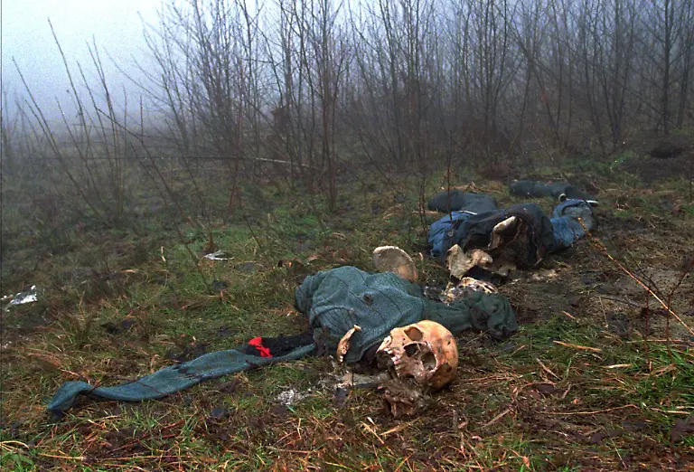 FILE-In-this-Sunday-Feb-4-1996-file-photo-skeletal-remains-of-victims-of-the-1995-massacre-at-Srebrenica-lie-on-a-hilltop-just-west-of-Srebrenica-Bosnia-Ratko-Mladic-the-ruthless-Bosnian-Serb-military-leader-charged-with-orchestrating-the-July-1995-slaughter-of-up-to-8-000-Muslim-men-and-boys-in-the-Bosnian-town-of-Srebrenica-which-was-supposed-to-be-a-safe-zone-guarded-by-Dutch-peacekeepers-was-arrested-at-a-relative-s-home-in-a-tiny-Serbian-village-on-Thursday-May-26-2011-after-a-16-year-hunt-for-the-architect-of-what-a-war-crimes-judge-called-scenes-from-hell