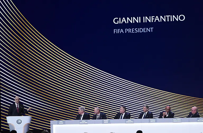 BRUSSELS-BELGIUM-FEBRUARY-12-FIFA-President-Gianni-Infantino-addresses-the-50th-UEFA-Ordinary-Congress-in-Brussels-Belgium-on-February-12-2026