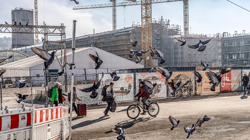 Deutschland-Stuttgart-Februar-2026-Stuttgart-21-Bahnprojekt-Grossbaustelle-Hauptbahnhof-Milliarden-Bauprojekt-Verkehrsprojekt-Bau-eines-Tiefbahnhofs-Bau-von-unterirdischen-Bahnstrecken-geplante-Fertigstellung-wurde-bereits-mehrfach-verschoben-Start-fruehestens-Ende-2027-Tauben-flattern-aufgeregt-durch-die-Luft-Baden-Wuerttemberg