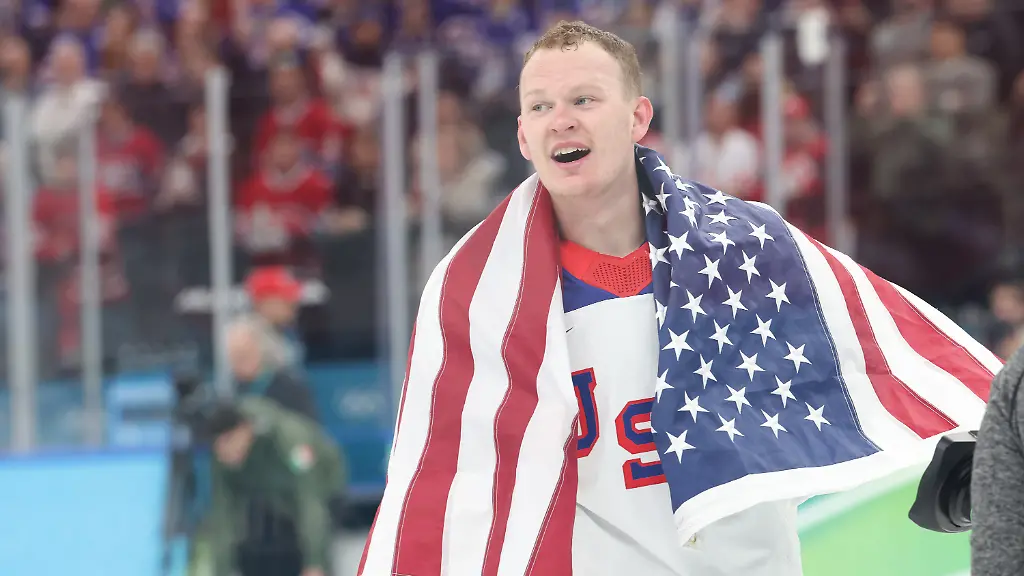 February-22-2026-Brady-Tkachuk-7-of-the-United-States-celebrates-after-winning-the-Gold-medal-in-the-Mens-Ice-Hockey-Gold-Medal-game-between-Canada-and-USA-held-at-Milano-Santagiulia-Ice-Hockey-Arena-during-the-Milano-Cortina-2026-Olympic-Games-in-Milan-Italy