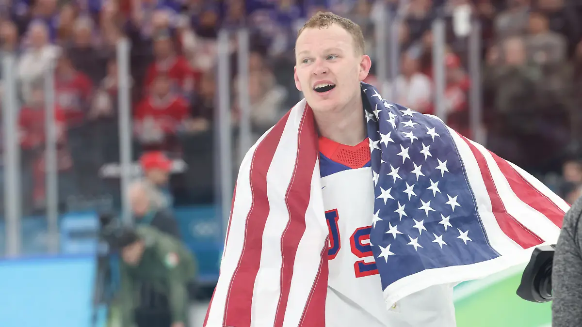 February-22-2026-Brady-Tkachuk-7-of-the-United-States-celebrates-after-winning-the-Gold-medal-in-the-Mens-Ice-Hockey-Gold-Medal-game-between-Canada-and-USA-held-at-Milano-Santagiulia-Ice-Hockey-Arena-during-the-Milano-Cortina-2026-Olympic-Games-in-Milan-Italy