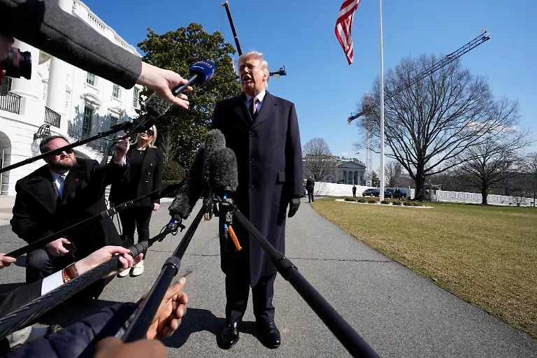 US-President-Donald-Trump-speaks-to-the-members-of-the-media-on-the-South-Lawn-of-the-White-House-in-Washington-DC-before-boarding-Marine-One-helicopter-en-route-Corpus-Christi-Texas-and-Palm-Beach-Florida-on-Friday-February-27-2026