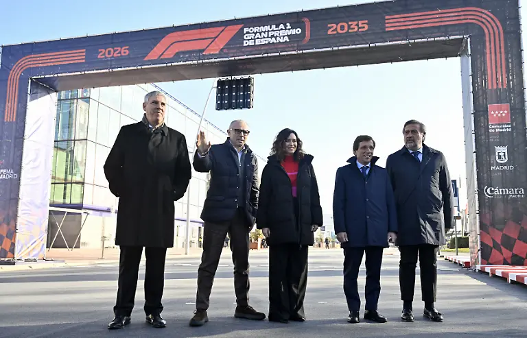 MADRID-SPAIN-JANUARY-23-Madrid-to-host-the-Spanish-Formula-One-Grand-Prix-from-2026-to-2035-on-a-new-circuit-and-agreement-that-enabled-Madrid-to-host-Formula-1-races-after-45-years-was-introduced-at-the-IFEMA-Fairground-with-an-event-in-Madrid-Spain-on-January-23-2024-Formula-1-President-and-CEO-Stefano-Domenicali-2nd-L-Madrid-President-Isabel-Diaz-Ayuso-C-Madrid-Mayor-Jose-Luis-Martinez-Almeida-2nd-R-IFEMA-Madrid-Executive-Committee-President-Jose-Vicente-de-los-Mozos-L-and-Madrid-Chamber-of-Commerce-President-Angel-Asensio-R-also-attend-the-event