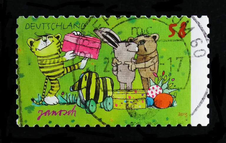 MOSCOW-RUSSIA-OCTOBER-21-2017-A-stamp-printed-in-German-Federal-Republic-shows-Janosch-Easter-82nd-Birth-Anniversary-of-Horst-Eckert-serie-circa-2013-xkwx-2013-antique-canceled-circa-closeup-correspondence-deliver-design-emblem-envelope-estampilla-germany-heritage-historic-hobby-issue-letter-mail-national-old-philatelic-philately-post-postage-postal-retro-series-stamp-vintage-Janosch-Easter-cartoon-fun-art-drawing-58-82-Birth-Anniversary-Horst-Eckert