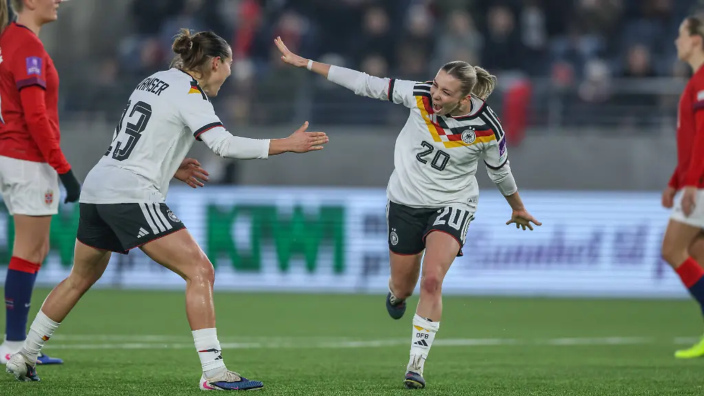 uNOR-Stavanger-Norwegen-vs-Deutschland-Laenderspiel-Fussball-FIFA-Spielzeit-2026-2027-WM-Qualifikation-Viking-Stadion-2-Spieltag-im-Bild-Elisa-Senss-Deutschland-Frauen-20-1-0-Tor-Jubel-und-Freude-Emotionen-mal-DFB-DFL-REGULATIONS-PROHIBIT-ANY-USE-OF-PHOTOGRAPHS-AS-IMAGE-SEQUENCES-AND-OR-QUASI-VIDEO-07-03