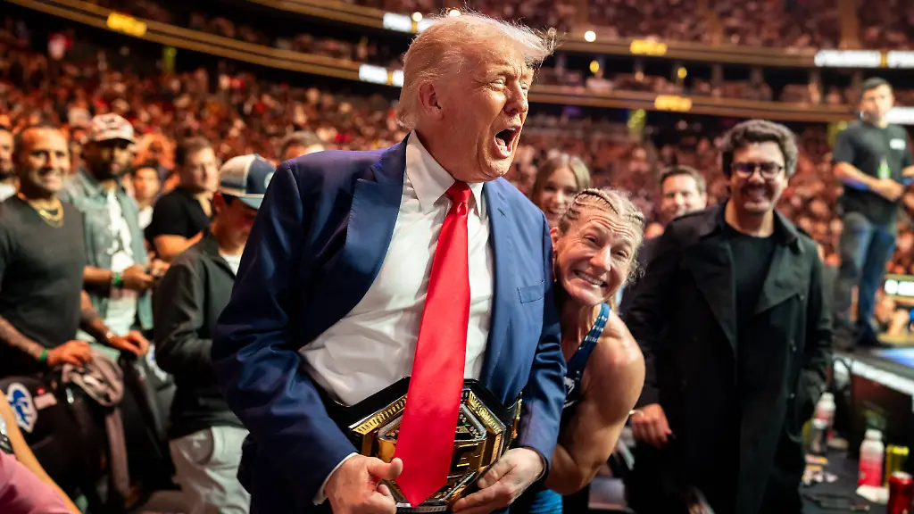 June-7-2025-Newark-New-Jersey-USA-President-Donald-Trump-congratulates-Kayla-Harrison-after-her-victory-during-UFC-316-at-the-Prudential-Center-in-Newark-NJ-June-7-2025