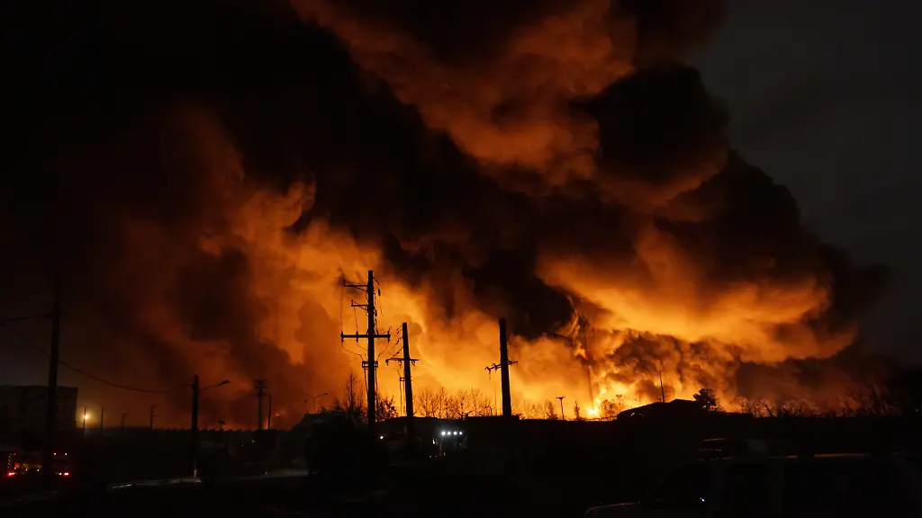 TEHRAN-IRAN-MARCH-8-Fire-breaks-out-at-the-Shahran-oil-depot-after-US-and-Israeli-attacks-leaving-numerous-fuel-tankers-and-vehicles-in-the-area-unusable-in-Tehran-Iran-on-March-8-2026
