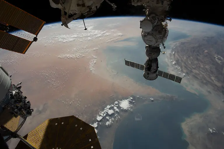 August-14-2023-Persian-Gulf-The-Strait-of-Hormuz-bottom-left-connects-the-Gulf-of-Oman-with-the-Persian-Gulf-in-this-photograph-from-the-International-Space-Station-as-it-orbited-262-miles-above-southwestern-Iran-In-the-right-foreground-is-the-Northrop-Grumman-Cygnus-space-freighter-and-one-of-its-cymbal-shaped-UltraFlex-solar-arrays-Credit-Image-NASA-Earth-ZUMA-Press-Wire-ZUMAPRESS