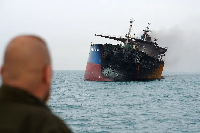 A-foreign-tanker-carrying-Iraqi-fuel-oil-damaged-after-catching-fire-in-Iraq-s-territorial-waters-following-unidentified-attacks-that-targeted-two-foreign-tankers-according-to-Iraqi-port-officials-near-Basra-Iraq-March-12-2026