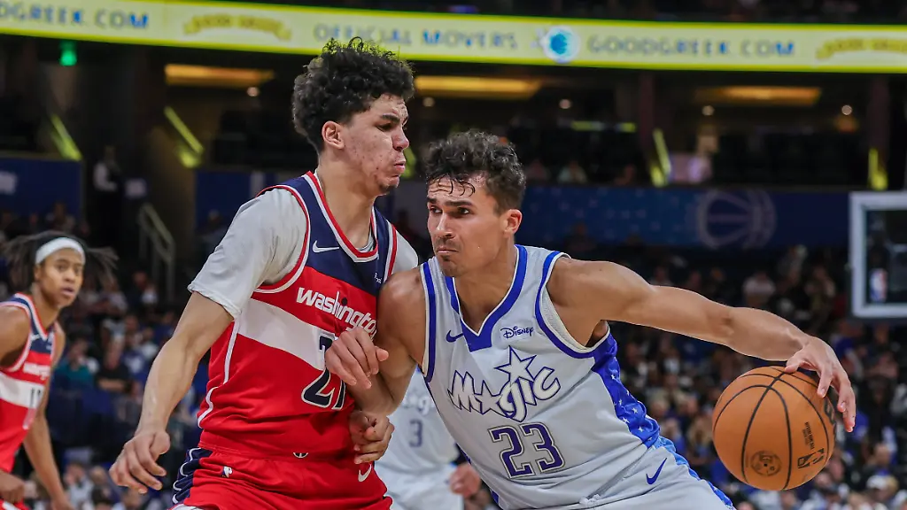 Mar-12-2026-Orlando-Florida-USA-Orlando-Magic-forward-Tristan-da-Silva-23-drives-past-Washington-Wizards-guard-Will-Riley-27-during-the-second-half-at-Kia-Center