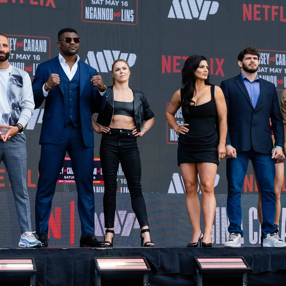 March-10-2026-Inglewood-California-USA-MMA-fighter-FRANCIS-NGANNOU-MMA-fighter-RONDA-ROUSEY-MMA-fighter-and-actress-GINA-CARANO-MMA-fighter-PHILIPE-LINS-and-Most-Valuable-Promotions-Co-Founder-JAKE-PAUL-pose-for-media-during-a-pre-fight-press-conference-PK-Pressekonferenz-for-Netflix-s-Rousey-vs-Carano-event