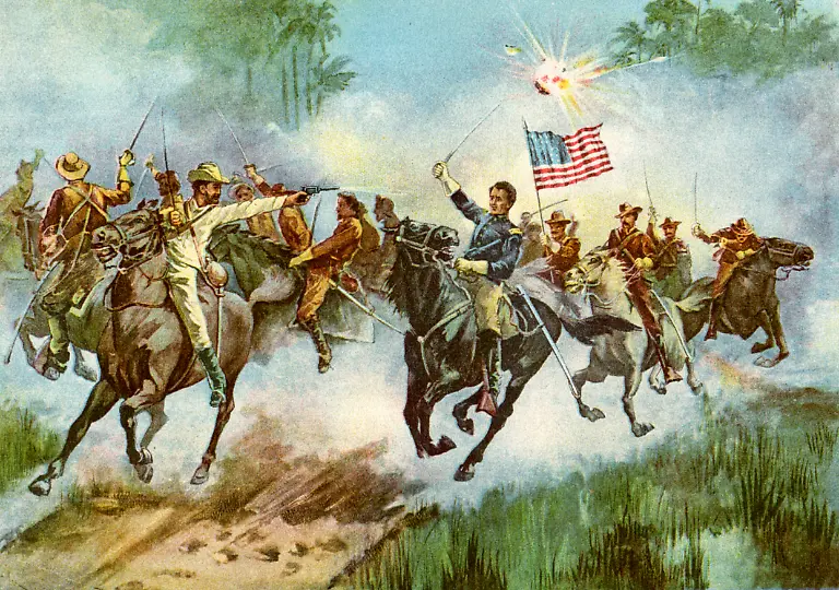 Rough-Riders-stampeding-a-Spanish-outpost-Cuba-Spanish-American-War-1898-The-Rough-Riders-was-the-name-given-to-the-1st-United-States-Volunteer-Cavalry-a-regiment-raised-specifically-to-fight-in-the-Spanish-American-War-The-unit-distiguished-itself-in-the-fighting-on-Cuba-notably-at-the-Battle-of-San-Juan-Hill-where-it-was-commanded-by-future-US-President-Theodore-Roosevelt-A-print-from-Our-Country-in-War-and-Relations-with-All-Nations-by-Murat-Halstead-The-United-Subscription-Book-Publishers-of-America-1898