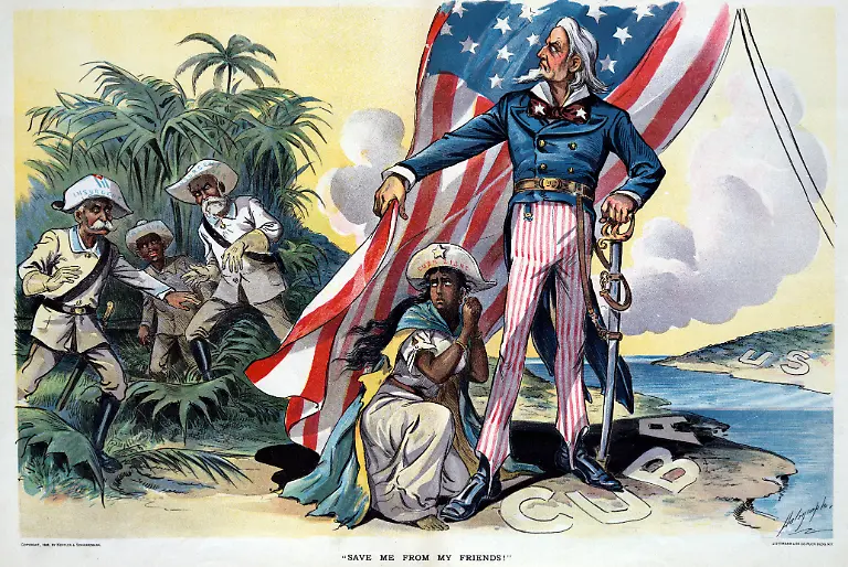 Cuban-War-of-Independence-Guerre-d-independance-cubaine-ou-guerre-de-95-l-Oncle-Sam-portant-une-epee-et-utilisant-le-drapeau-americain-pour-proteger-une-femme-Cuba-Libre-de-trois-hommes-portant-des-chapeaux-Chef-insurge-Les-etats-Unis-ont-soutenu-Cuba-pendant-la-guerre-d-independance-cubaine-1895-1898-affiche-de-Louis-Dalrymple-1866-1905